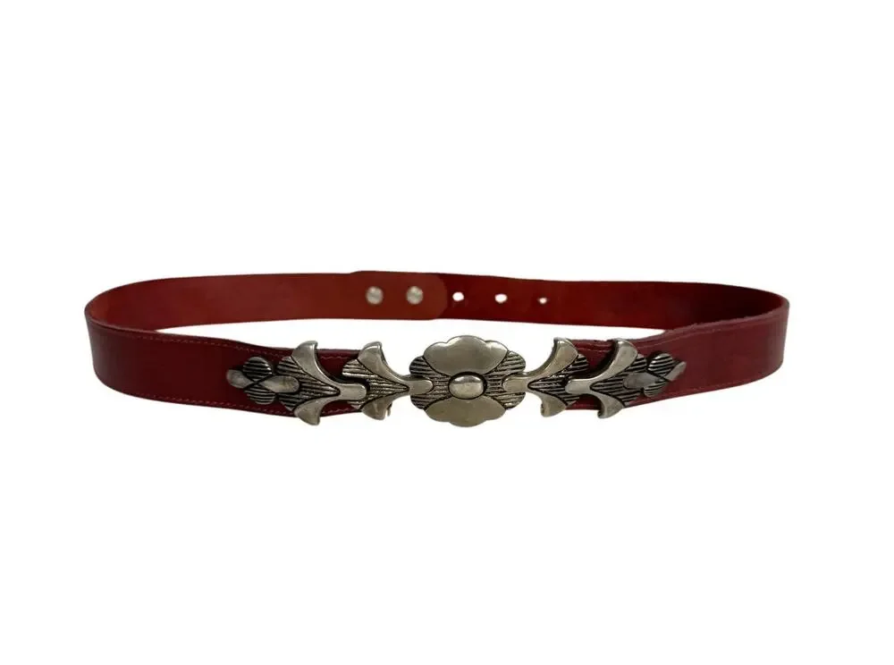 Vintage 80s Italian Leather Belt Silver Floral Concho MOD DEP Boho Western